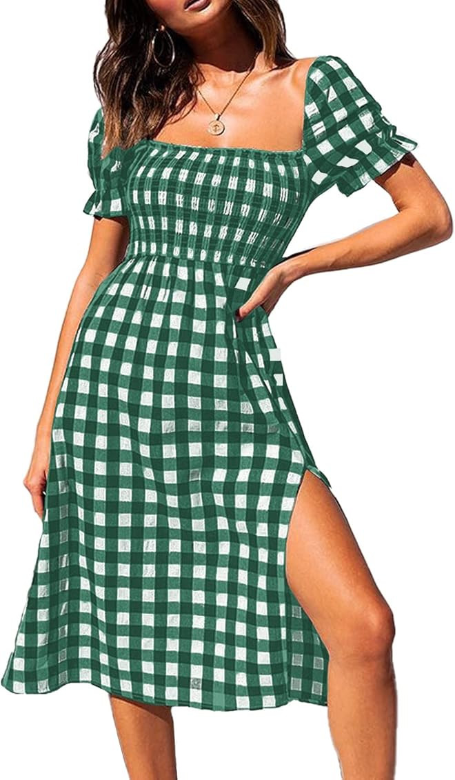 PRETTYGARDEN Plaid Dress for Women Short Puff Sleeve Square Neck Side Split Summer Midi Flowy Dresse | Amazon (US)