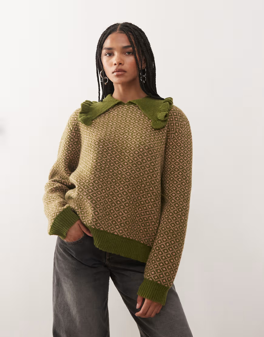 Reclaimed Vintage boxy fit knit sweater with collar in green and pink print | ASOS (Global)