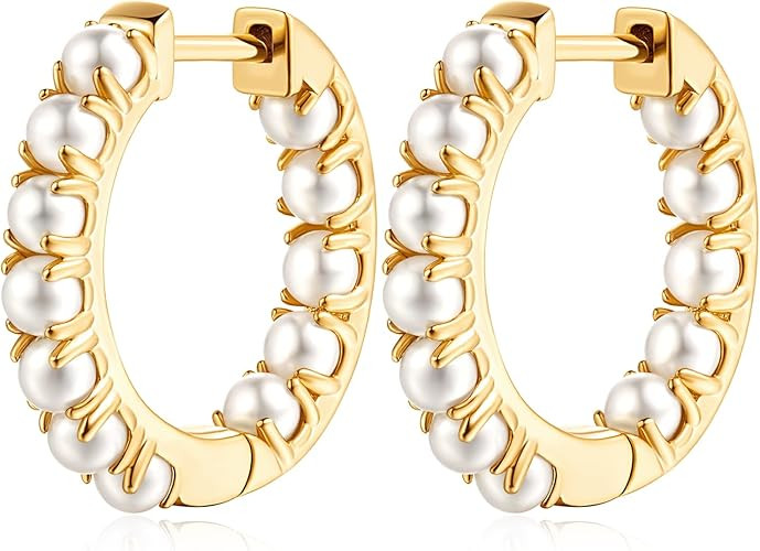 Pearl Earrings for Women Gold Pearl Earrings Hoop Earring for Women 14K Gold Hoop Earring Huggie ... | Amazon (US)