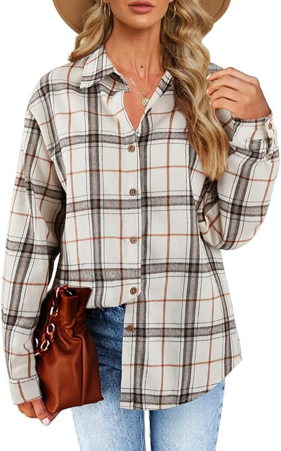 Womens Long Sleeve Plaid Shirts Flannel Collared Button Down Shackets Casual Rolled Up Boyfriend ... | Amazon (US)