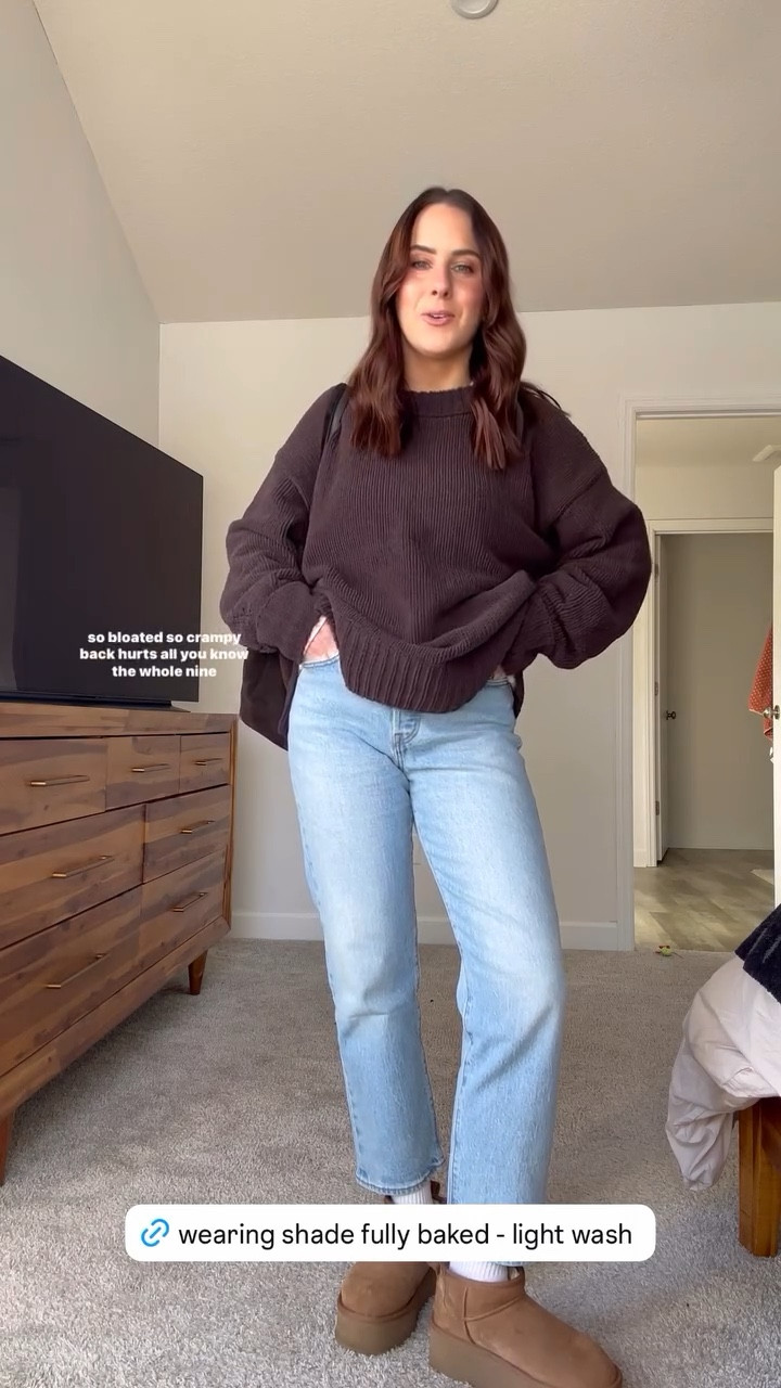 Easy mom friendly winter outfit for days when you’re bloated but wanna look cute! Wearing m printed long sleeve, s sweater (both aerie & on sale), 27x26 jeans 

#LTKFindsUnder100 #LTKFindsUnder50 #LTKootd