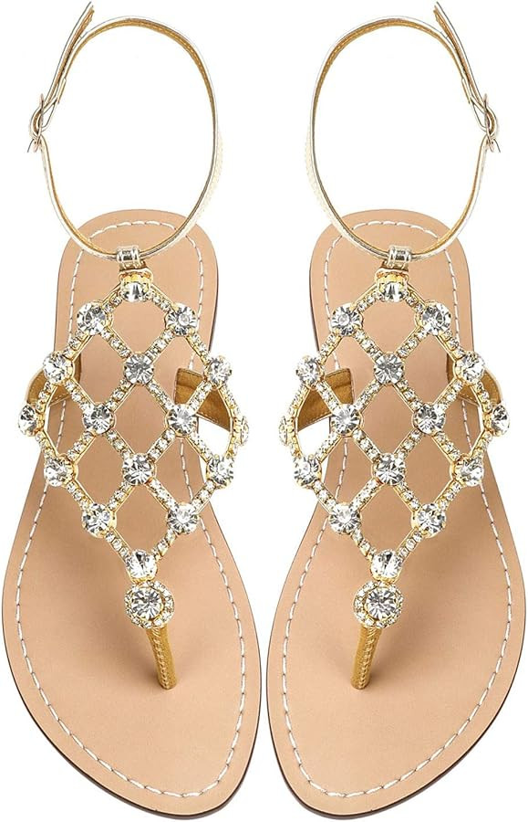 UTIKLIOU Women's Rhinestone Flat Sandals T-Strap Thong Sandals Summer Flat Sandals Flip Flop Sand... | Amazon (US)