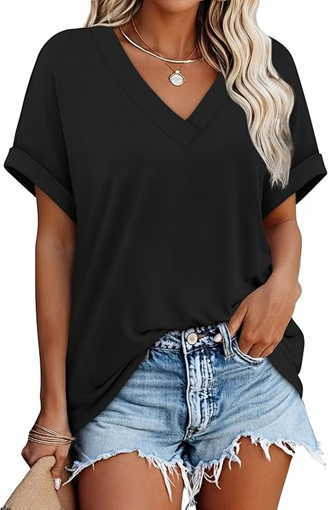 WIHOLL Womens Short Rolled Sleeve Shirts Oversized V Neck Tshirts Plus Size Summer Tops 2026 Dres... | Amazon (US)