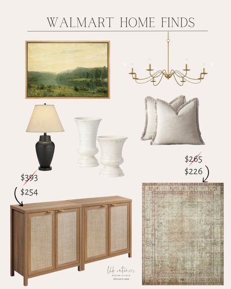 Walmart Home Finds
Sideboard buffet cabinet / soft gold chandelier / lined fringe throw pillow / urn vase decor / farmhouse table lamp / landscape wall art / Loloi area rug 

#LTKSaleAlert #LTKHome