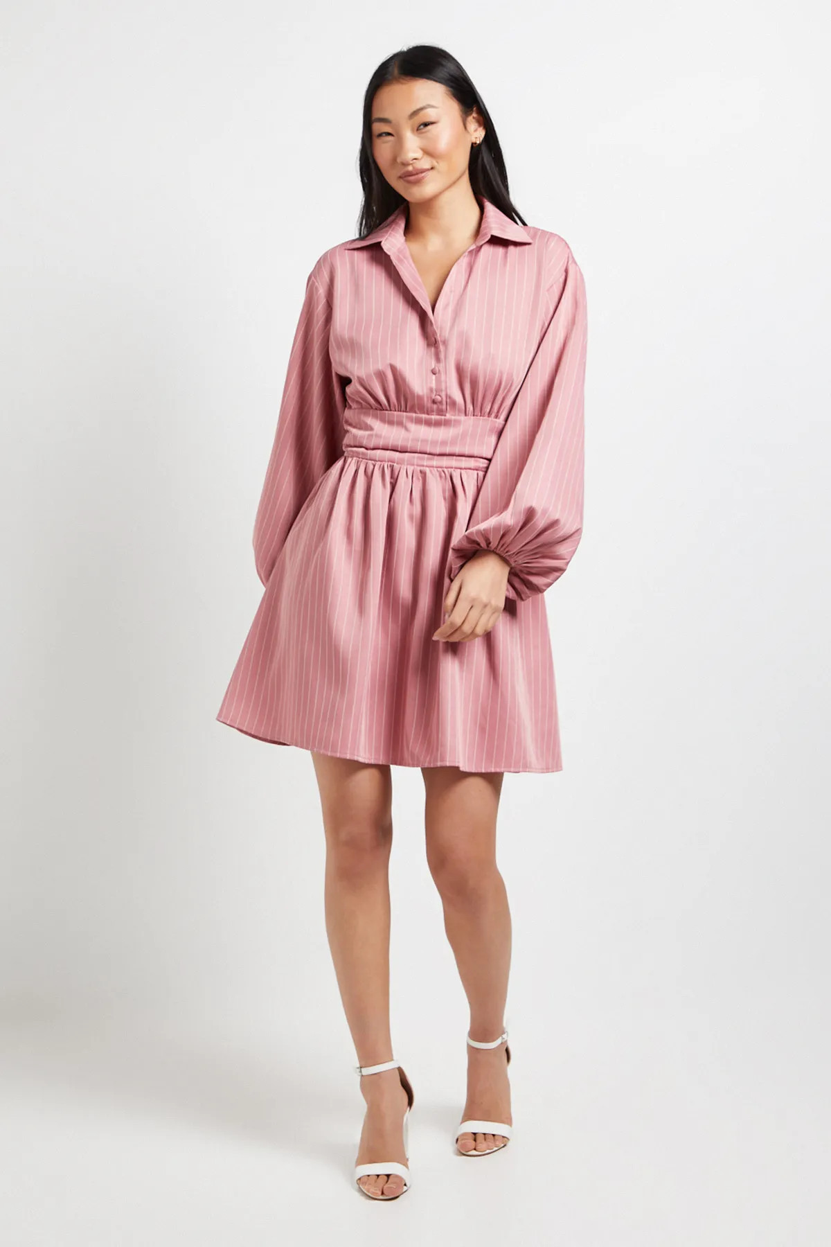 Pink Dorothy Perkins Petite Pinstripe Collar Detail Gathered Waist Mini Dress | Boohoo | Boohoo.com (UK & IE)
