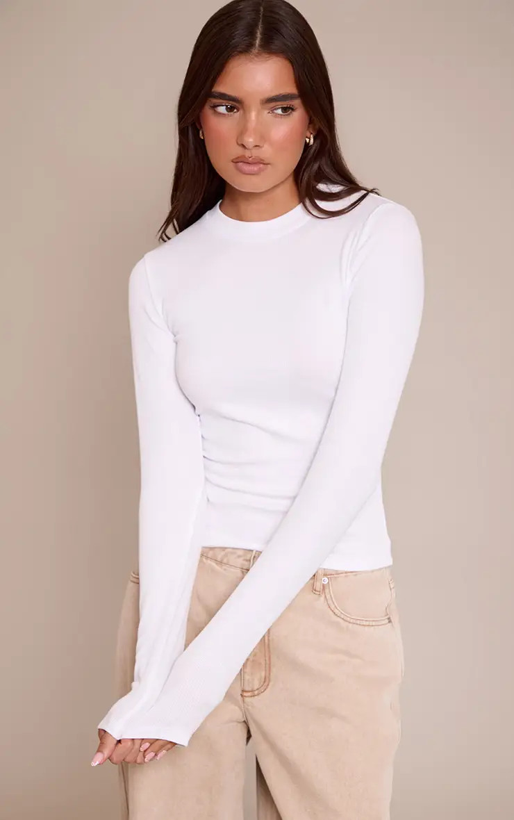 White Soft Rib Crew Neck Long Sleeve Top | PrettyLittleThing UK