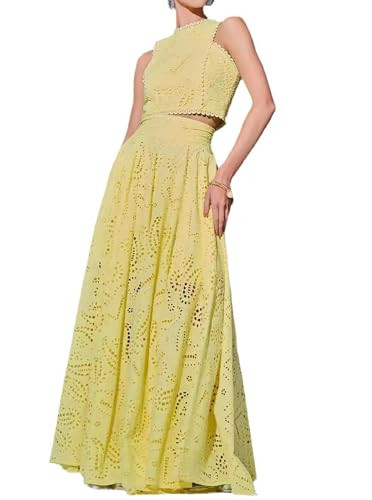 Aonoapll Women 2 Piece Eyelet Skirt Set Sleeveless Hollow Out Lace Tank Top Maxi Skirt Outfits Ni... | Amazon (US)