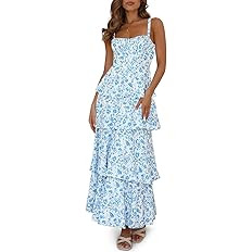 Wenrine Womens Summer Floral Maxi Dresses Sleeveless Spaghetti Strap Tie Back Ruffle Tiered Flowy... | Amazon (US)