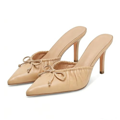 XBKXMK Nude Kitten Heels for Women Bow Pointed Toe Heel Dressy Slip on Mules Trendy Sexy Stiletto Pumps Shoes | Amazon (US)