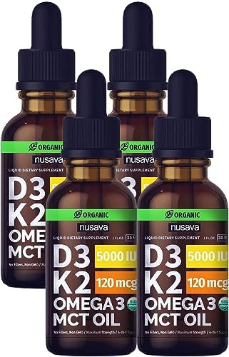 (4 Pack) Organic Vitamin D3 K2 Drops with MCT Oil Omega 3, 5000 IU - Maximum Strength Vitamin D L... | Amazon (US)