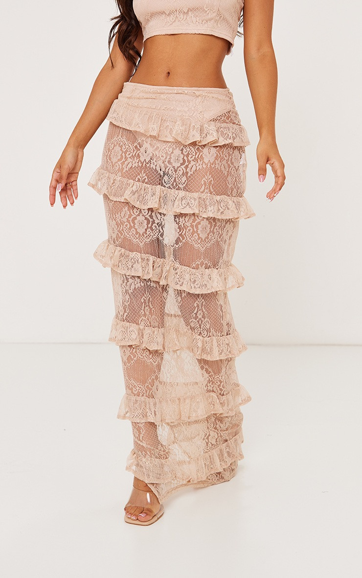Petite Nude Lace Ruffle Detail Midaxi Skirt | PrettyLittleThing US