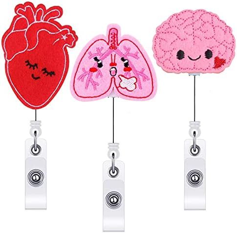 3Pieces Felt Nurse Badge Reels Retractable Nurse Badge Holder with Cute Brain Heart Lungs Pattern ID | Amazon (US)