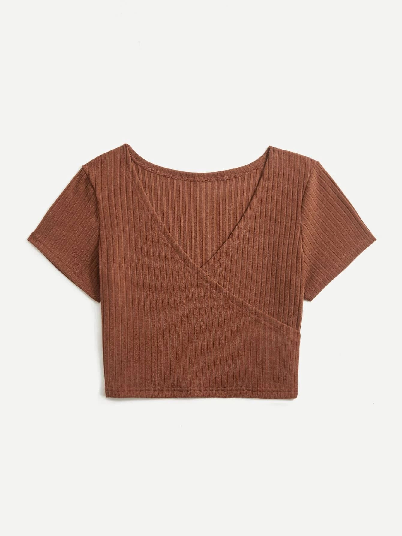 Solid Ribbed Wrap Crop Tee | ROMWE