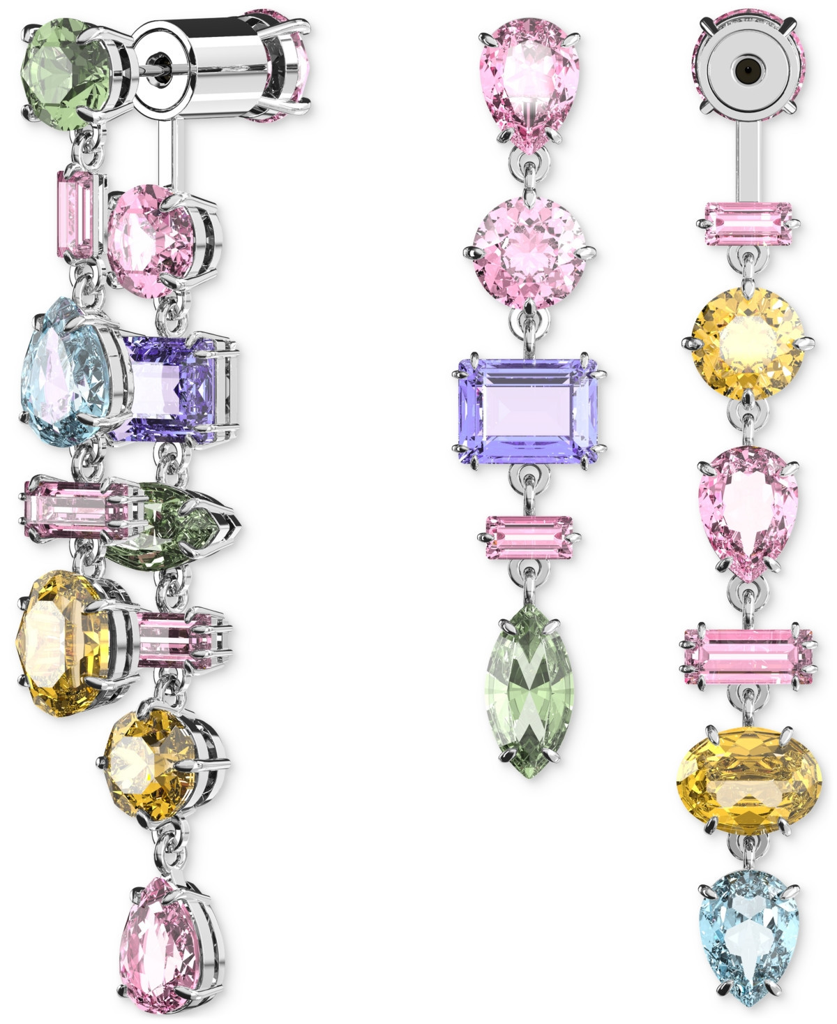Swarovski Silver-Tone Crystal Mixed Cut Front & Back Asymmetrical Drop Earrings - Multicolored | Macy's