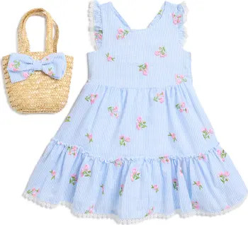 Kids' Floral Embroidered Seersucker Sundress & Tote | Nordstrom Rack