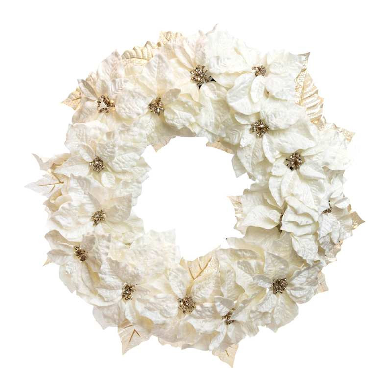 White Glittered Poinsettia Floral Wreath, 24" | At Home