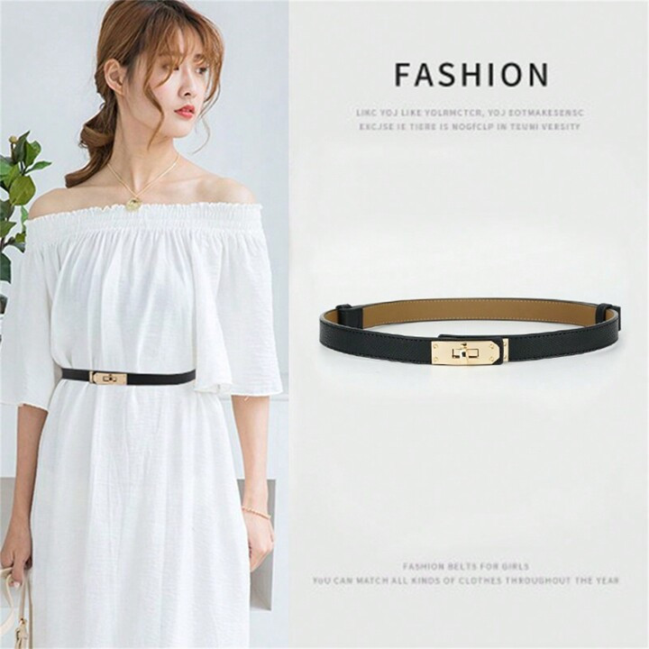 Women's Genuine Leather Belt With Double Buckle, Cowhide Slim Waistband For Dress And Pants Decor | SHEIN