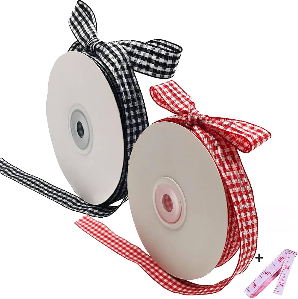 2 Pack 5/8" Black and White Gingham Ribbon + Red and White Buffalo Check Ribbon, 50 Yards for Par... | Amazon (US)
