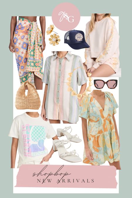 Shopbop New Arrivals:: printed dress, matching loungewear set, graphic tee, heart necklace, sarong, striped romper, trucker hat, bow heels 

#LTKStyleTip #LTKSeasonal #LTKFindsUnder100