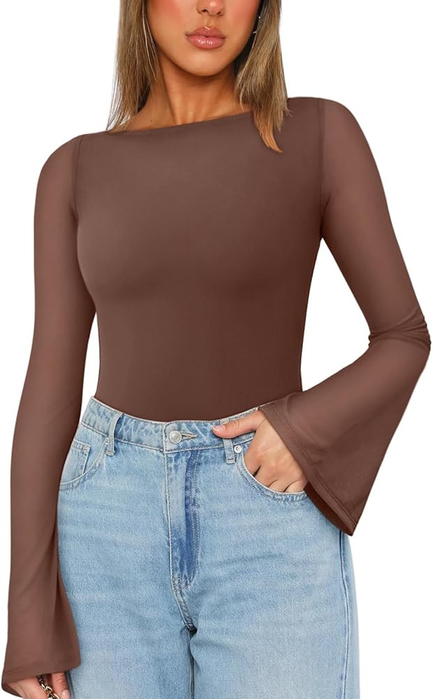 REORIA Women's Trendy Sexy Boat Neck Bell Sleeve Sheer Mesh Going Out Bodysuit Tops | Amazon (US)
