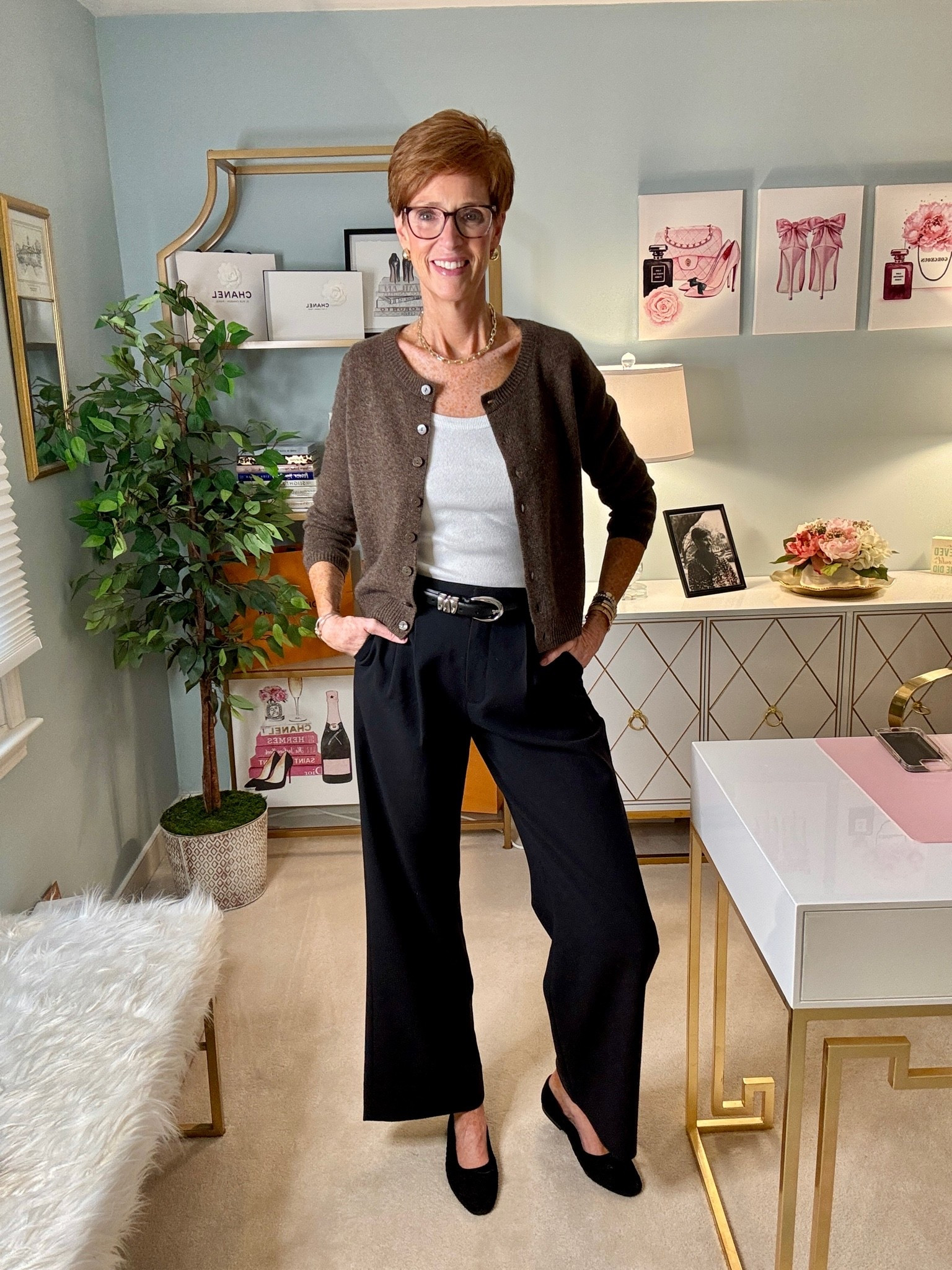 Four simple pieces. But the details are doing more work than you think.

Comment PINTEREST  and I’ll send everything over

For Pinterest Inspired Outfit #33, I recreated a polished fall outfit with a cream tank, brown cashmere cardigan, black trousers and black woven suede flats.

What makes this neutral fall outfit work? Contrast, texture and proportion. The cream brightens the brown cashmere, the black trousers give the outfit a long clean line, and the woven suede flats add just enough texture to keep all those classic basics from feeling predictable.

At 56 and 6'1", this is exactly the kind of outfit formula I come back to: classic, comfortable, polished and easy to actually wear.

Save this one for the next time you're standing in your closet thinking your basics need “something.” You may not need another piece at all.

And send it to a friend who would wear this exact outfit.

Would you recreate this one as-is, or change one piece?

#ClassicStyleOver40 #FallOutfitIdeas #TallWomenStyle

#LTKootd #LTKOver40 #LTKTall