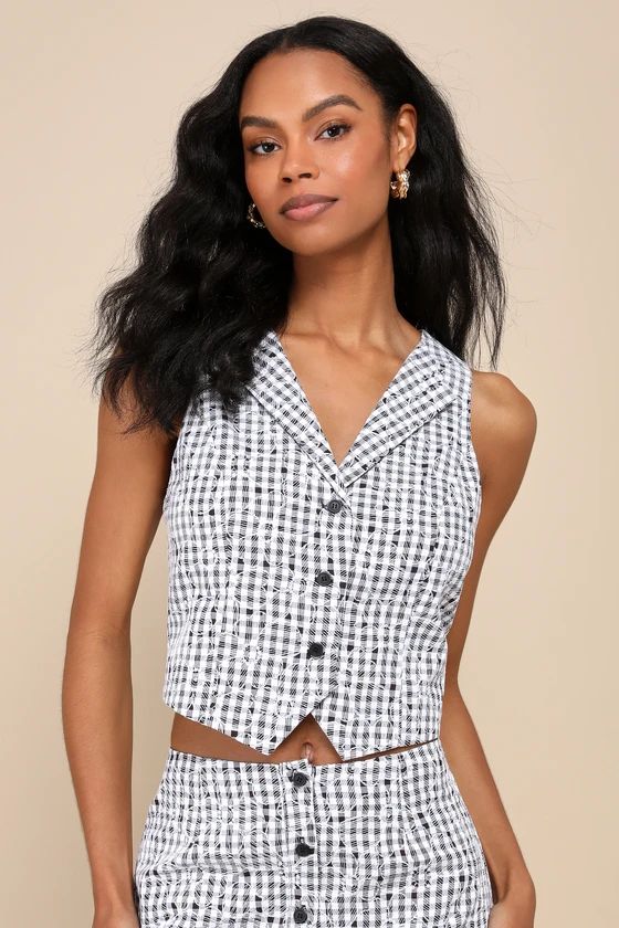 Adorably Poised Black and White Gingham Embroidered Vest | Lulus
