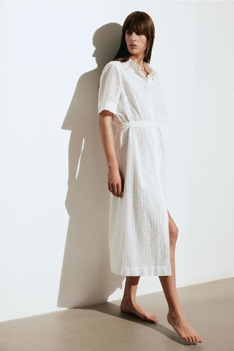 Eyelet Embroidered Shirt Dress - White - Ladies | H&M US | H&M (US + CA)
