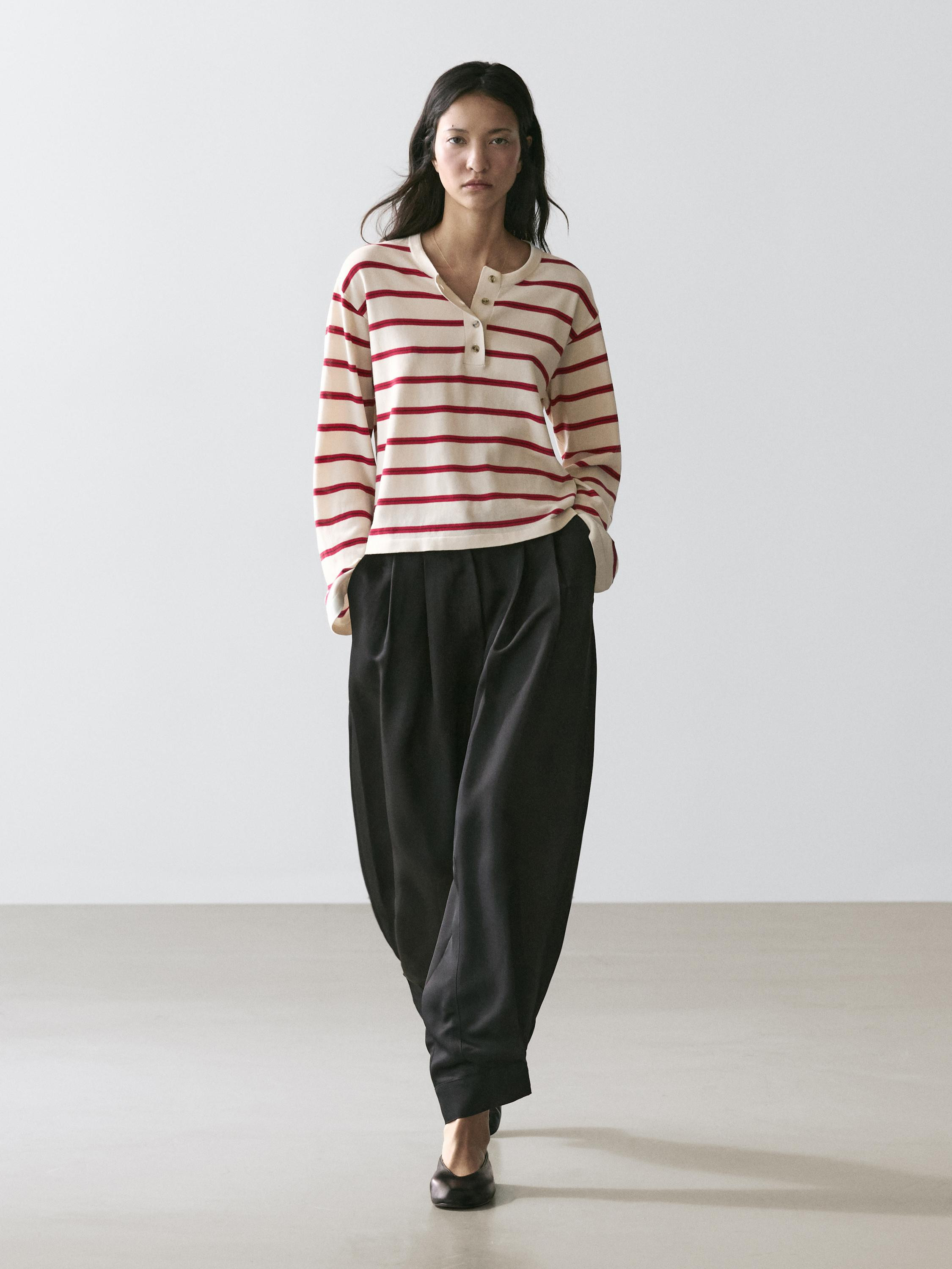 Striped knit cotton henley sweater | Massimo Dutti UK