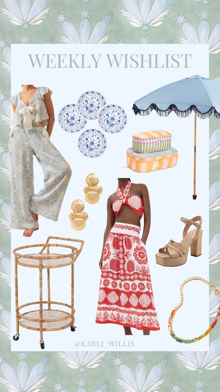 Vacation outfit / beach outfit / two piece set / blue and white pajamas / bridal pajamas / shell earrings / blue umbrella / fringe umbrella / bar cart / grandmillennial style / packing cubes

#LTKHome #LTKFindsUnder100