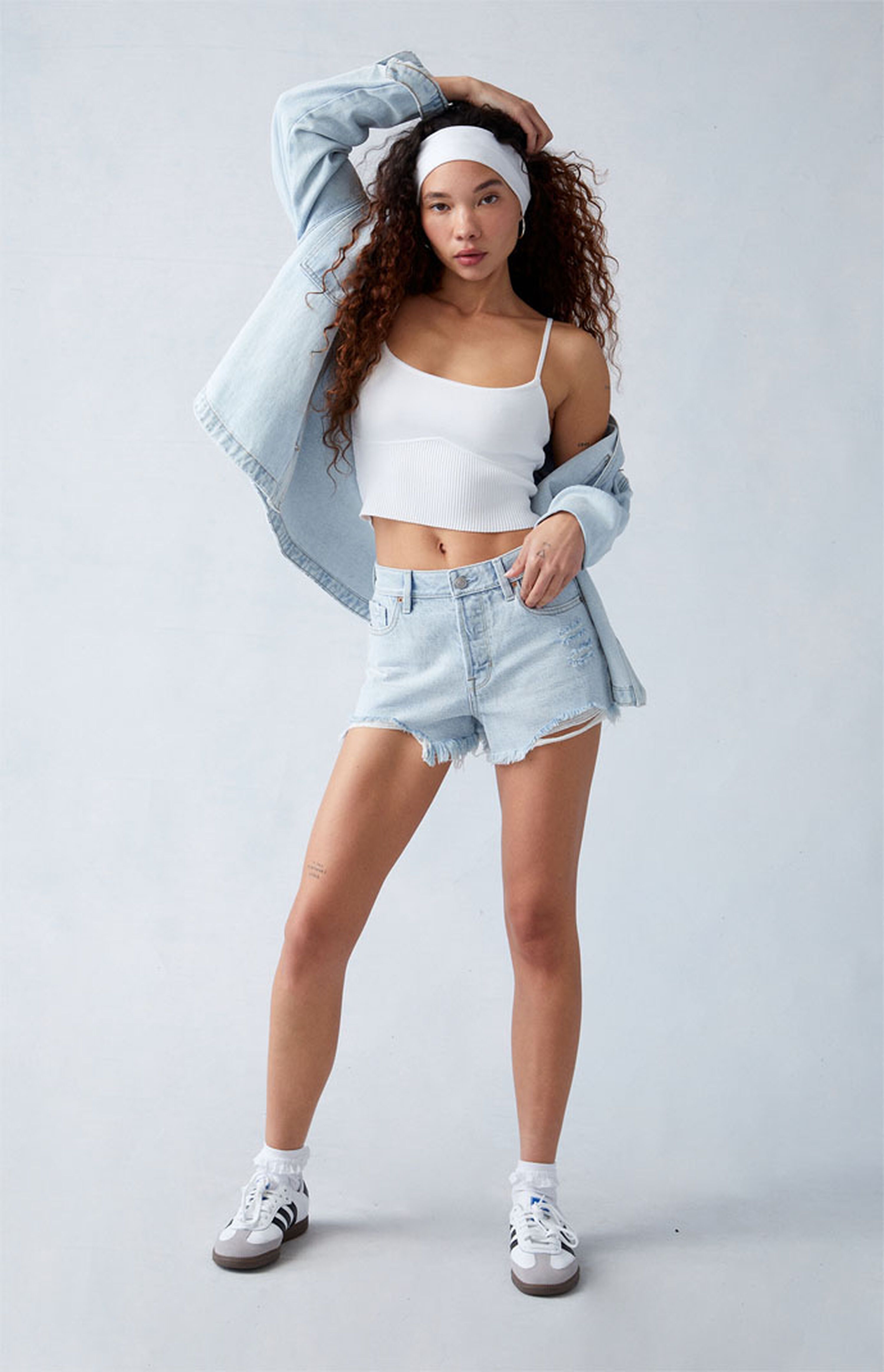 PacSun Eco Light Indigo Ripped High Waisted Denim Festival Shorts | PacSun