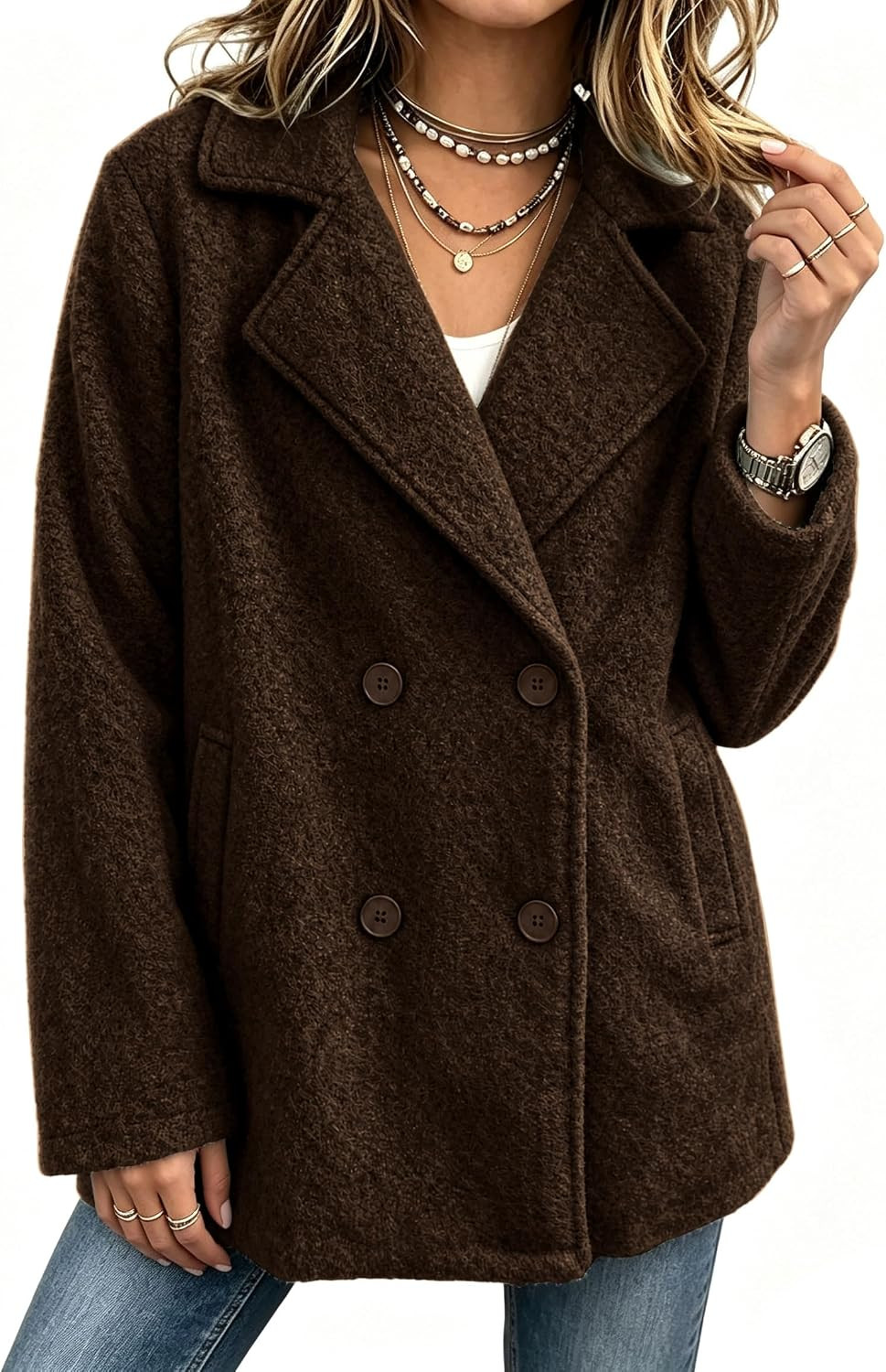 Women Fuzzy Wool Peacoat Loose Blazer Jacket Boucle Short Winter Warm Coat | Amazon (US)