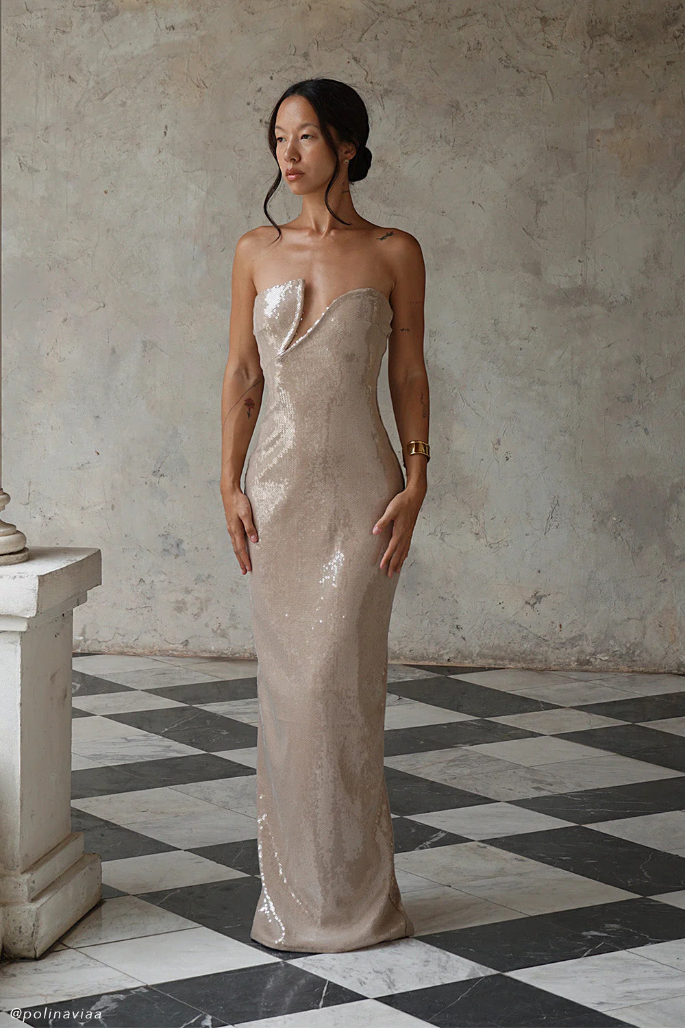 Strapless Sequin Maxi Dress - Taupe | MESHKI US