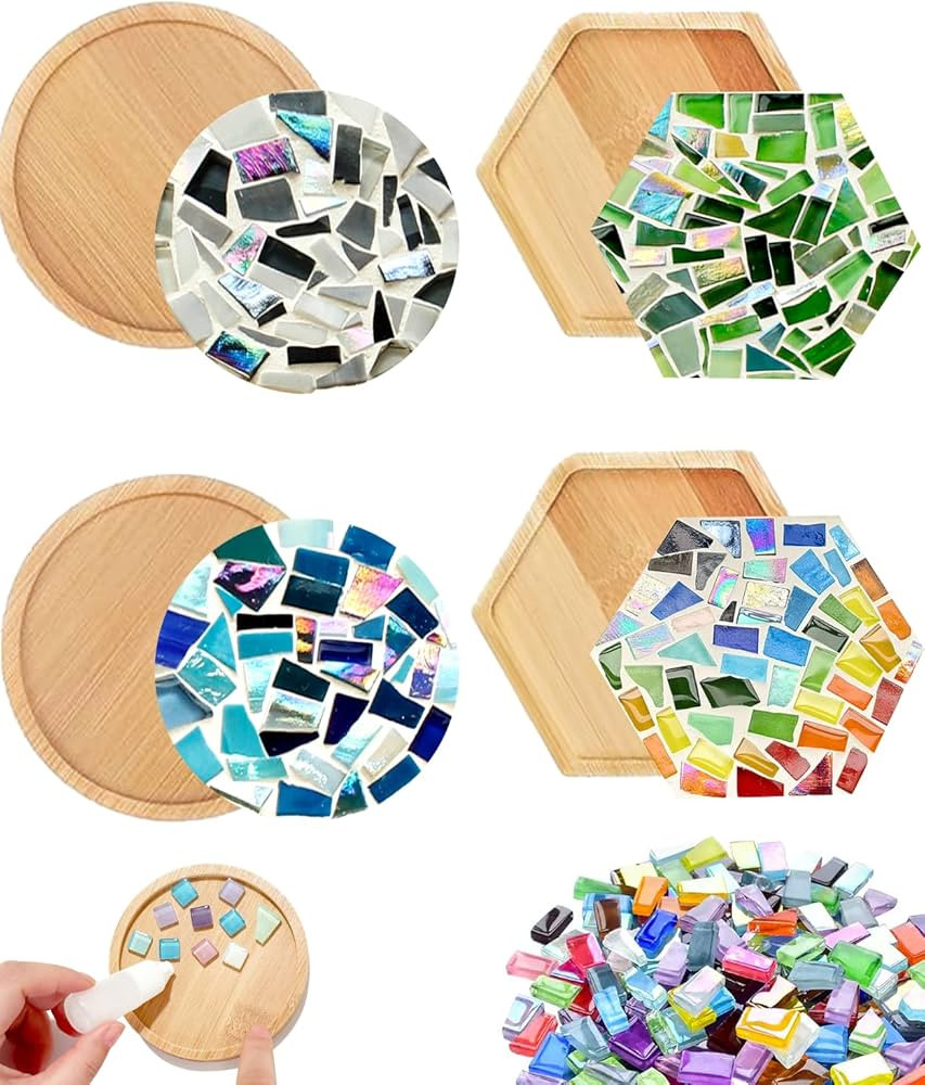 4 Sets DIY Mosaic Kits for Adults with Wooden Coasters, Mixed Color Glass Mosaic Tiles Craft Kits... | Amazon (US)