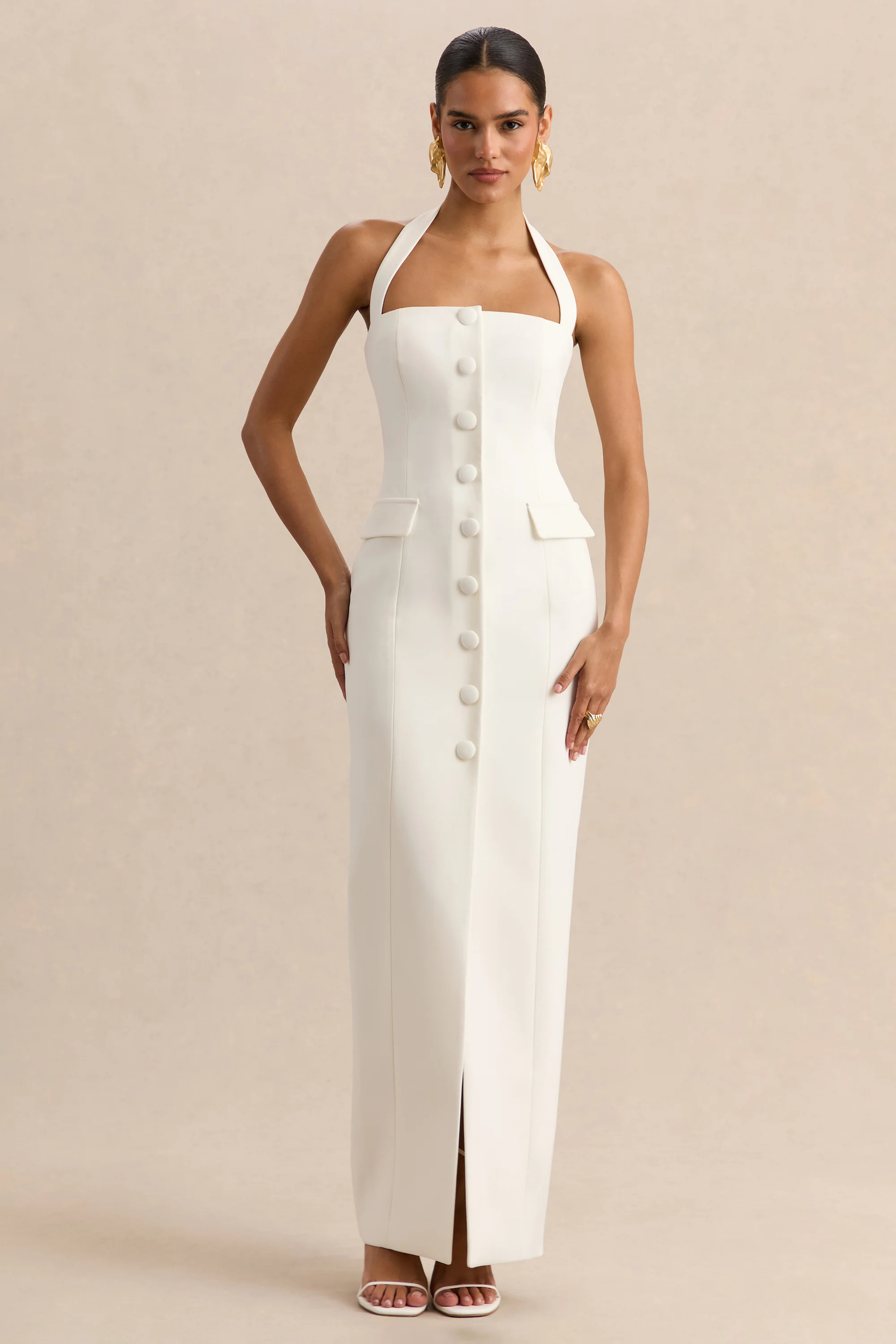 Steph  White Halter-Neck Tailored Maxi Dress | Club L London
