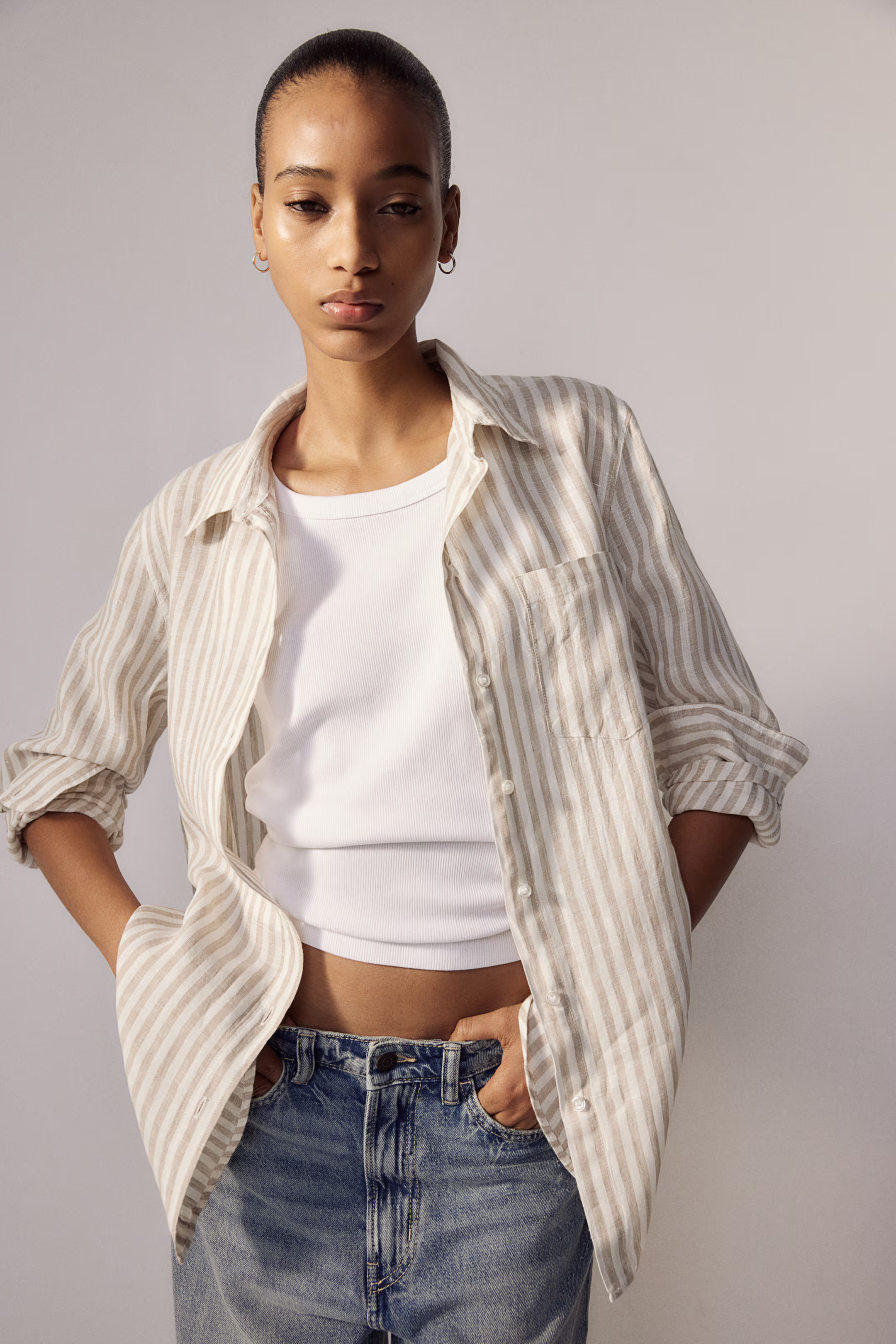 Linen Shirt - Long sleeve - Regular length - Beige/striped - Ladies | H&M US | H&M (US + CA)