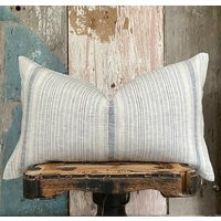 French Grain Sack Linen Lumbar Pillow Cover, Beige & Blue Stripe Cushion, Shabby Country, Farmhouse, | Etsy (US)