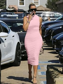 LAGSHIAN Women's Sexy Bodycon High Neck Sleeveless Ruched Midi Cocktail Party Dress | Amazon (US)