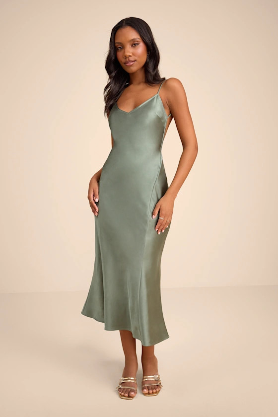 Val Sage Satin Backless Midi Dress | green wedding guest dress green | Lulus