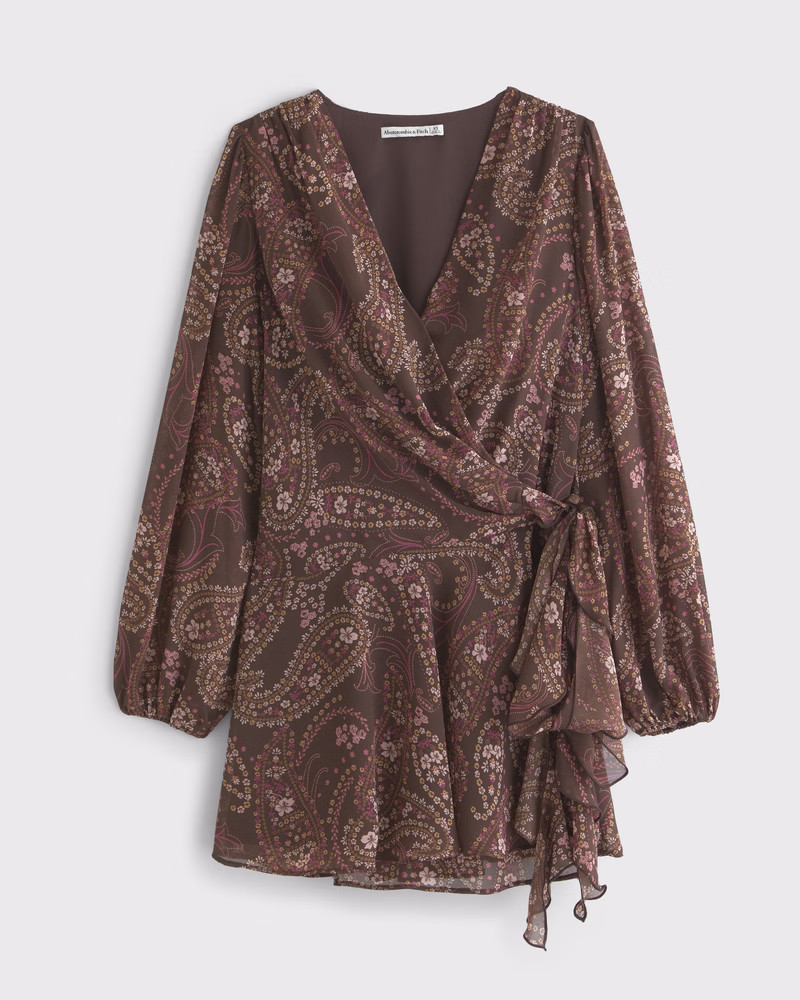 Women's Long-Sleeve Plunge Wrap Mini Dress | Women's New Arrivals | Abercrombie.com | Abercrombie & Fitch (US)
