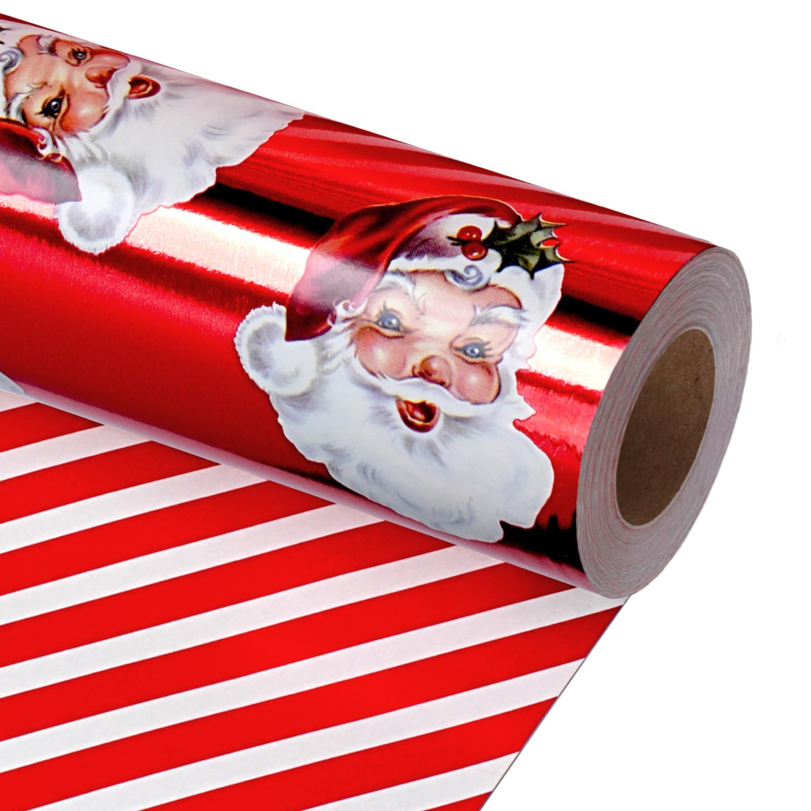 LaRibbons Vintage Santa Christmas Wrapping Paper Roll – Double-Sided Foil Gift Wrap with Candy ... | Amazon (US)