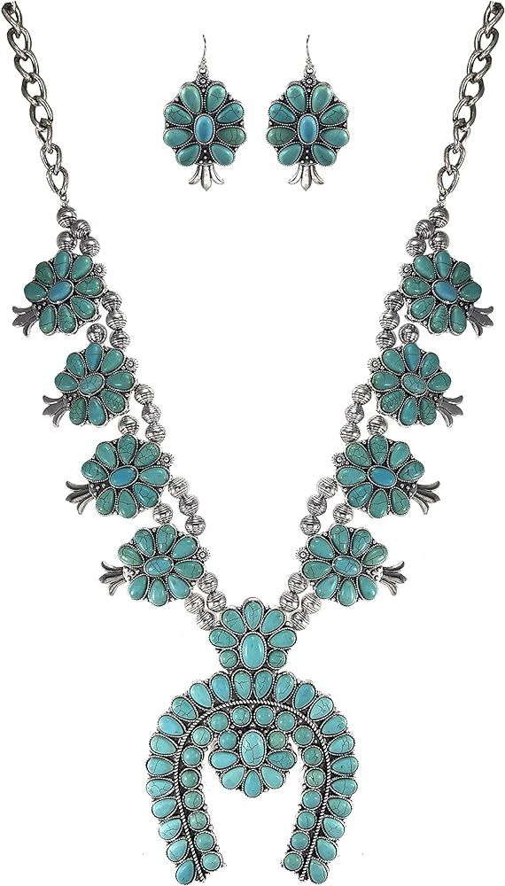 Turquoise Vintage Squash Blossom Metal Statement Necklace/w Earrings | Amazon (US)