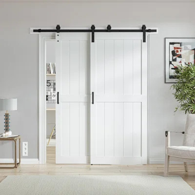 Manufactured Wood Paneled Bypass Barn Door Double Doors With Hardware Kits | Wayfair North America