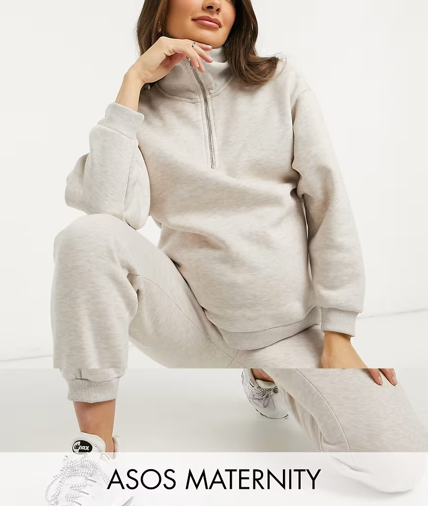ASOS DESIGN Maternity tracksuit premium shawl collar sweatshirt / sweatpants in oatmeal marl-Beige | ASOS (Global)