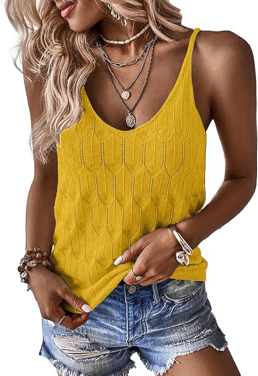 Allimy Womens Pointelle Knit Top V Neck Strappy Tank Tops Summer Sleeveless Blouses Shirts Tops | Amazon (US)