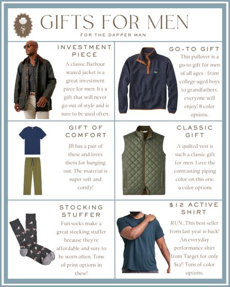 Gift guide for men who are dapper dressers. Some of our favorite clothing gifts for men. 

Gift ideas for dad, father, father-in-law, grandfather, college boys

Men’s Barbour waxed jacket, coat, LAKE pajamas, men’s pjs, dress socks, fleece pullover, quilted vest, active t-shirt, performance shirt, Target find 

#LTKmens #LTKfindsunder50 #LTKGiftGuide