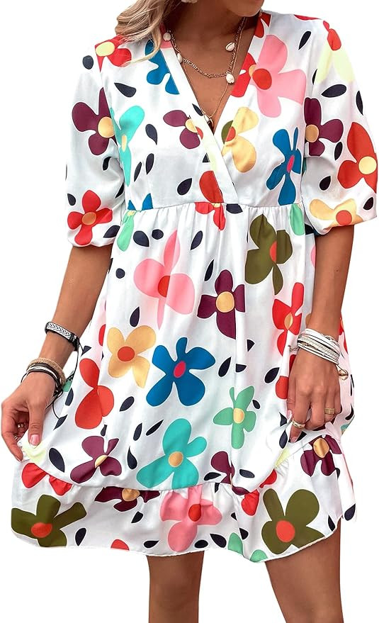 SheIn Women's Cute V Neck Half Sleeve Babydoll Dress Floral Ruffle Hem Mini Dresses | Amazon (US)