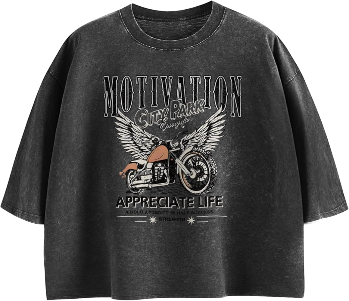 Motorcycle Cropped Graphic Vintage Tees for Women Y2k Aesthetic Baggy Crop Top Acid Wash Motivati... | Amazon (US)