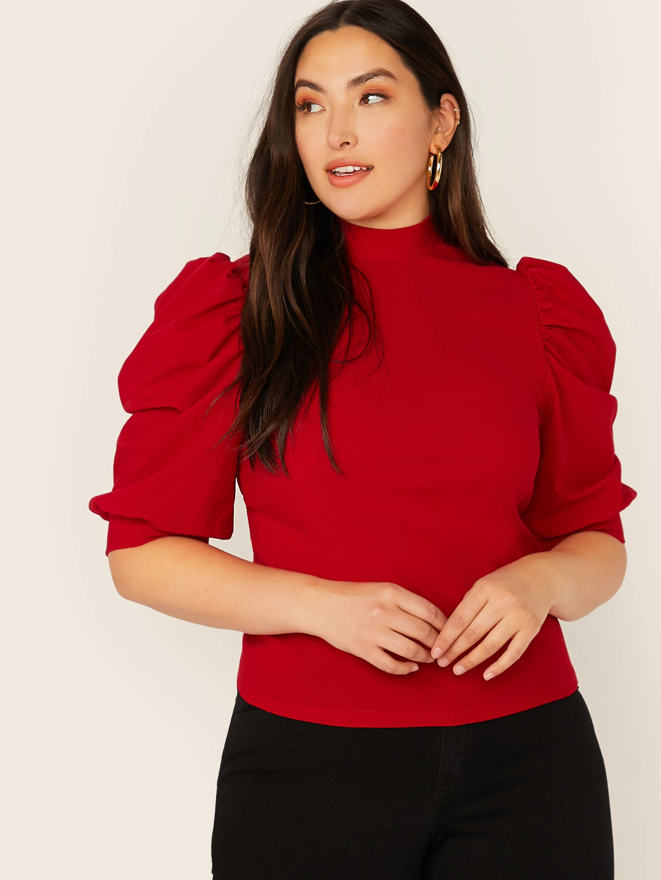 SHEIN Plus Mock-neck Puff Sleeve Solid Top | SHEIN