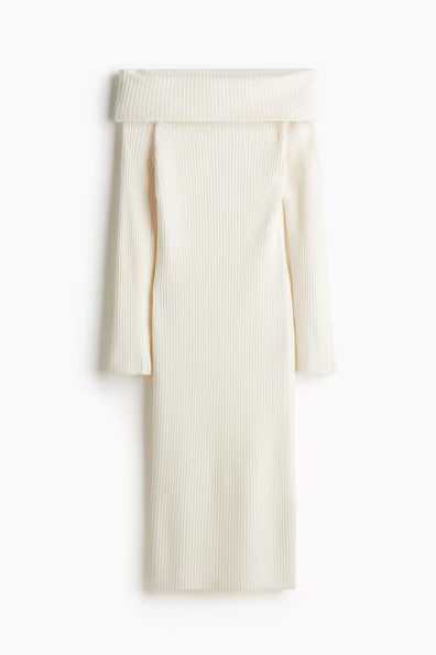H & M - Rib-Knit Off-the-Shoulder Dress - White | H&M (US + CA)