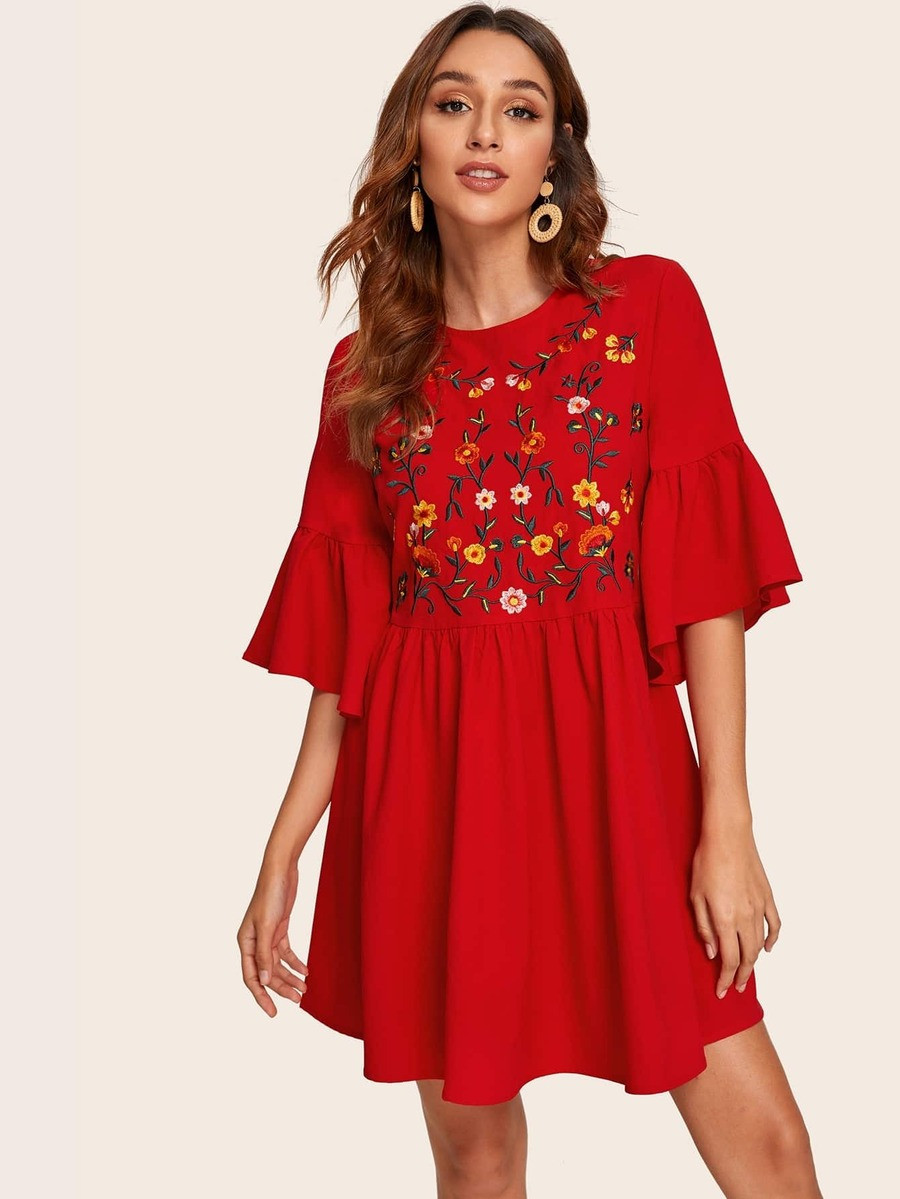 SHEIN Embroidery Front Flounce Sleeve Dress | SHEIN
